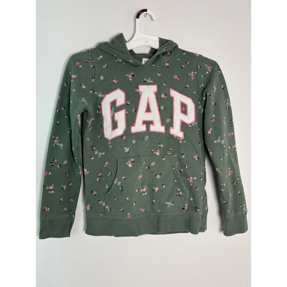 Gap Kids Girls XL 12 Floral Hoodie Sage Green Pink Logo‎ Pullover Sweatshirt